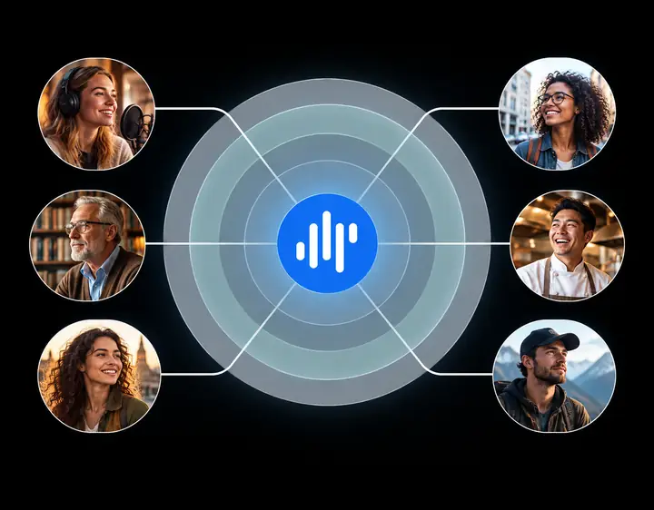 Eine Sammlung von KI-Sprachporträts, die um ein zentrales Audiosymbol angeordnet sind