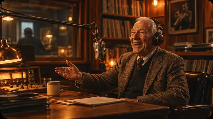 Klassischer Radiomoderator in einem historischen Sendestudio