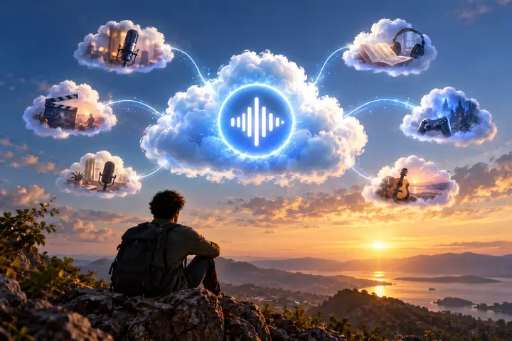 Illustration eines Cloud-Speichers mit einem zentralen Audiosymbol
